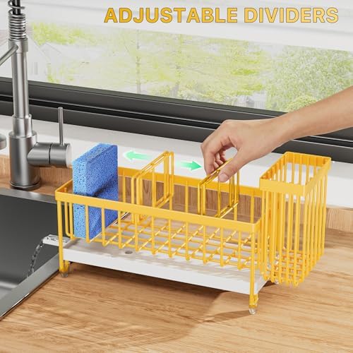 Cisily Sponge Holder for Kitchen Sink, Sink Caddy Organizer with High Brush Holder, Kitchen Countertop Organizers and Storage Essentials, Rustproof 304 Stainless Steel (Yellow, 9.25″)