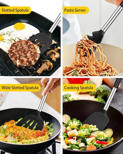 Silicone Kitchen Utensils Set, 8Pcs Cooking Utensils with Holder, Black