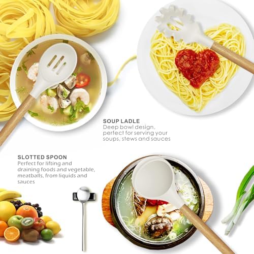 oannao Silicone Cooking Utensils Set - 446°F Heat Resistant Silicone Kitchen Utensils for Cooking,Kitchen Utensil Spatula Set w Wooden Handles and Holder for Non-Stick Cookware (Cream White)