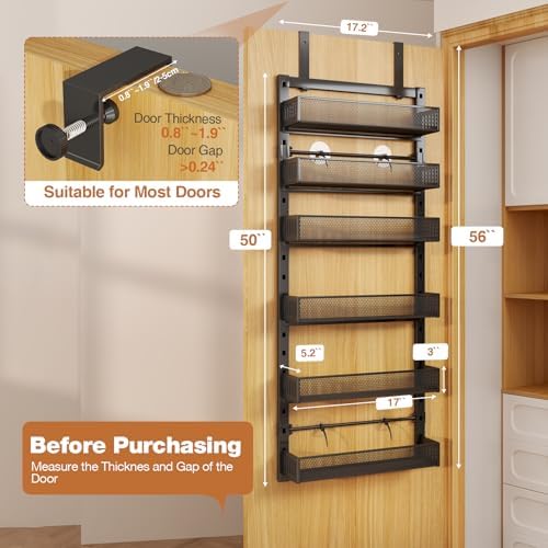 Pantry Door Organizers and Storage, 6-Tier Large Metal Heavy-Duty Frame Over the Door Spice Rack, 2 in 1 Wall-Mounted or Hanging shelf for Kitchen, Bathroom, Laundry Room, Bedroom, Closet &Nursery