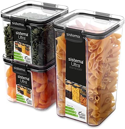 Sistema Tritan Ultra Airtight Pantry & Kitchen Storage Containers, 3-Pack, Clear Stackable Square Food Storage, BPA-Free, Dishwasher & Freezer-Safe (Microwave-Safe Without Lid)