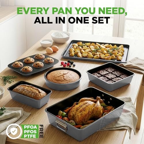 NutriChef 8-Piece Nonstick Stackable Bakeware Set - PFOA, PFOS, PTFE Free Baking Pans Set w/Non-Stick Coating, 450°F Oven Safe, Round Cake, Loaf, Muffin, Wide/Square Pans, Cookie Sheet (Gray)