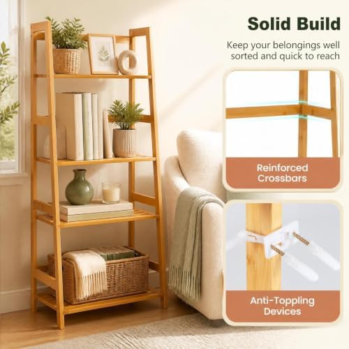 COSTWAY 44" Bamboo Ladder Shelf, Multifunctional Plant Flower Display Stand