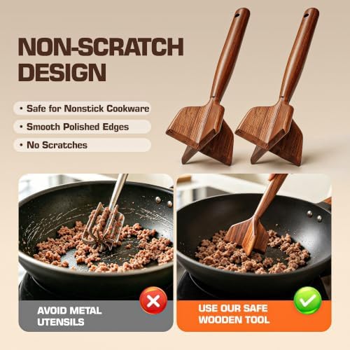 Teak Wooden Meat Chopper, Ground Beef Chopper Tool, Hamburger Smasher, Potato Masher & Chicken Shredder, Durable Wood Meat Pounder Kitchen Utensil, Cooking Gadget 10.5 Inches（RedTeak）