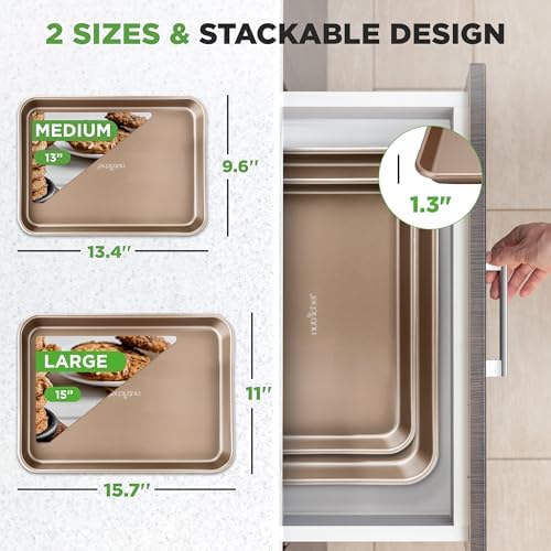 NutriChef 2-Piece Nonstick Stackable Cookie Sheet Set – Non-Toxic Carbon Steel Baking Pans – Heavy Duty, Warp-Resistant, Easy to Clean, Oven & Dishwasher Safe Bakeware