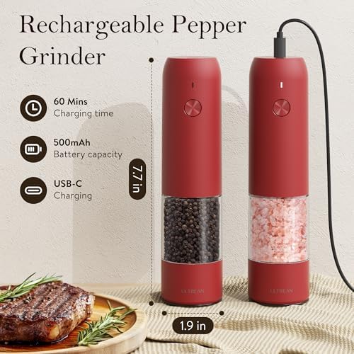 Ultrean Electric Salt and Pepper Grinder Set, Rechargeable,Red