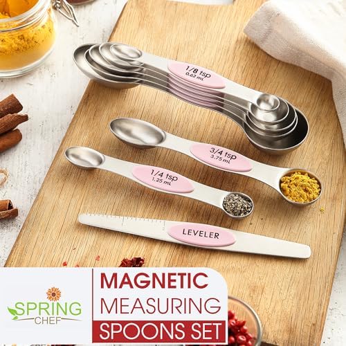 Spring Chef Stainless Steel 8 Magnetic Measuring Spoons Set, Pink Lemonade