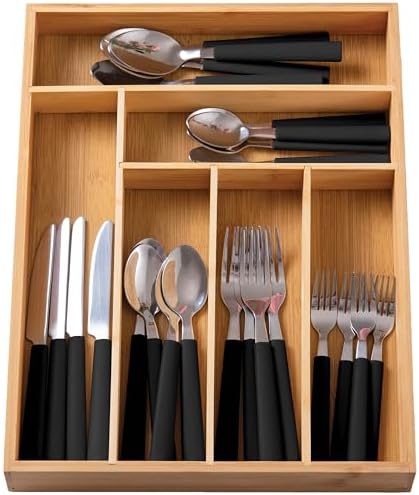 COOK WITH COLOR Bamboo Kitchen Utensil Set with Drawer Organizer | Cooking Tools and Storage Caddy, Black, 25 Piece Cutlery Set
