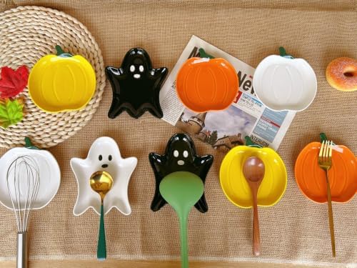Ceramic Spoon Rest for Stove Top, Halloween Pumpkin Cute Spoon Rest for Kitchen Counter, Cooking Spoon Holder for Kitchen Counter, Utensil Rest Spatula Rest Ladle Holder Tong Rest (Orange)