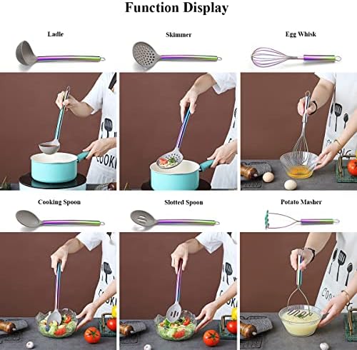 HOMQUEN 38 Piece Silicone Kitchen Cooking Utensils Set with Utensil Rack, Silicone Head and Stainless Steel Handle Cookware, Rainbow Handle with Silicone Head