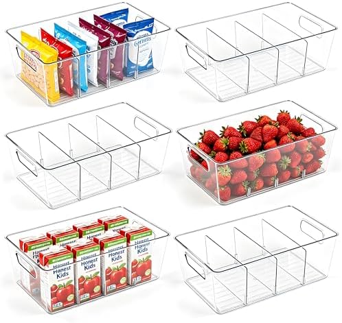 6 Pack Pantry Organizers and Storage, Food Storage Containers with 3 Removable Divider for Kitchen, Fridge, Cabinet Organization, Clear Plastic Storage Bins for Snacks, Spice Packets, Packets, Pouches