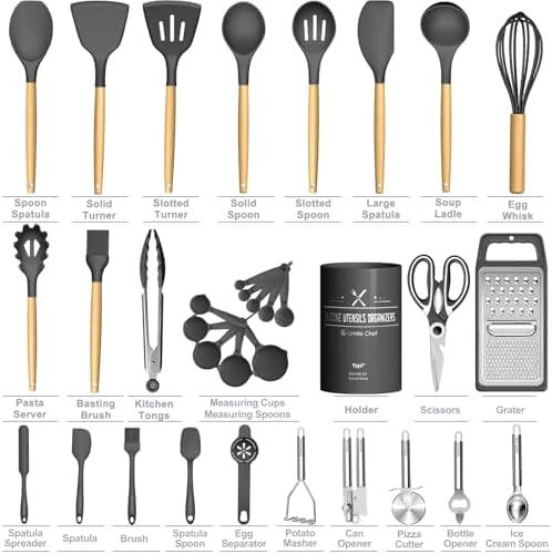 Umite Chef Silicone Kitchen Utensil Set, 34PCS Heat Resistant Kitchen Gadgets and Tools With Grater, Wood Handles for Nonstick Cookware (Dark Gray)