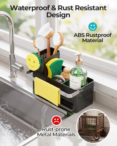 Nieifi Sponge Holder, Black Rustproof ABS Sink Caddy with Towel Rack