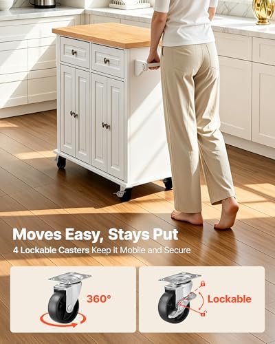 VEVOR Kitchen Island Cart with Storage, 43.7 in Wide Mobile Rolling Storage Island on Swivel Wheels, with 2 Drawers, Storage Cabinet, Spice/Towel Rack, Hooks, Table for Home Dining Room, White