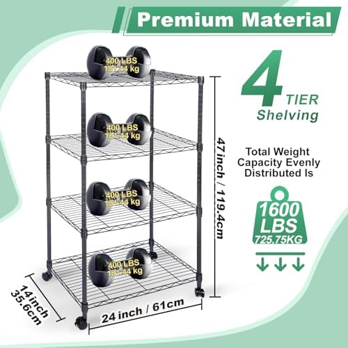 Whitmor 4 Tier Shelving Unit, Adjustable Storage Shelves with Wheels, Wire Shelving, 200 lbs Capacity per Shelf, Max 800 lbs Total for Laundry, Kitchen, Garage, 24" L x 14" W x 47" H, Black