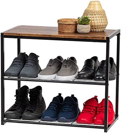 IRIS USA 3-Tier Shoe Rack, Holds 6 Pairs, Wood Metal Bench
