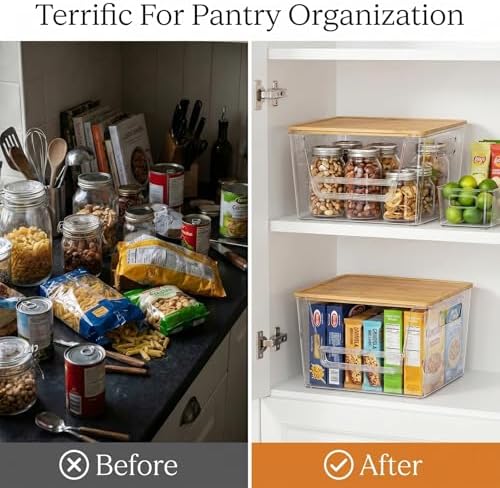 2 Pack Pantry Organizer and Storage with Bamboo Lid, Stackable Trash Bag Dispenser Under Sink Organizer for 4-33 Gal Bags, Pantry Organizers Storage for Onion, Potato, Fruit, Vegetable, Snack