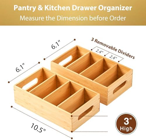 Umilife Bamboo Pantry Organizers and Storage Bins with Removable Dividers, Kitchen Drawer Cabinet Countertop Organization for Snack, Spice Packets, Teabags, Seasoning Pouches (2 Pack)
