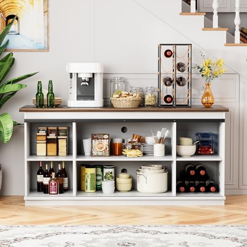 Shahoo Farmhouse Sideboard Buffet Cabinet, Coffee Bar Storage with Sliding Barn Doors, Shelf for Home Dining Room, White