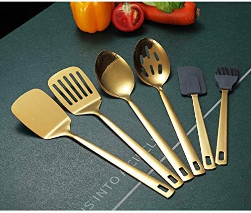 Gold Cooking Spoons, Berglander 6 Pieces Spatula Set Stainless Steel, Metal Spatula, Serving Spoon, Kitchen Tools Set Non-Stick And Heat Resistant, Dishwasher Safe, Easy to Clean (6 Packs)