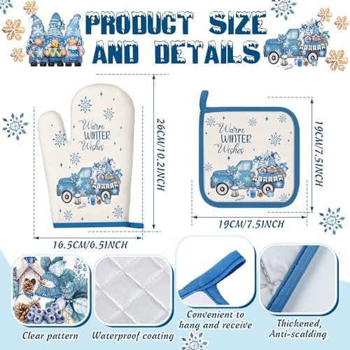 SiliFine 12 Pcs Winter Kitchen Towels Pot Holders and Oven Mitts Set 4 Blue Gnomes Dish Towels 4 Snowman Oven Mitts 4 Let It Snow Potholders for Xmas Dish Baking Decorative