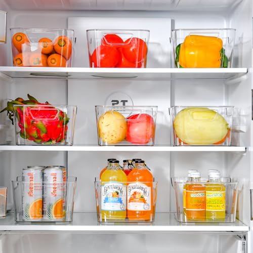 12 Pack Clear Plastic Storage Bins, Pantry Organizers and Storage, Clear Pantry Organizer Bins, Plastic Containers with Handle for Kitchen,Freezer,Cabinet,Closet,Bathroom Under Sink Storage