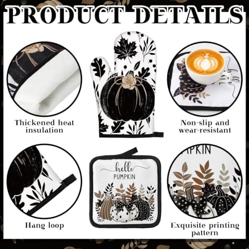 Fanfanwin 10 Pcs Fall Pumpkin Kitchen Decor Set Kitchen Towels Pot Holders Oven Mitts and Rugs Set Thanksgiving Towels for Baking Cooking BBQ Autumn Home(Black Pumpkin,Black, White, Brown,10)