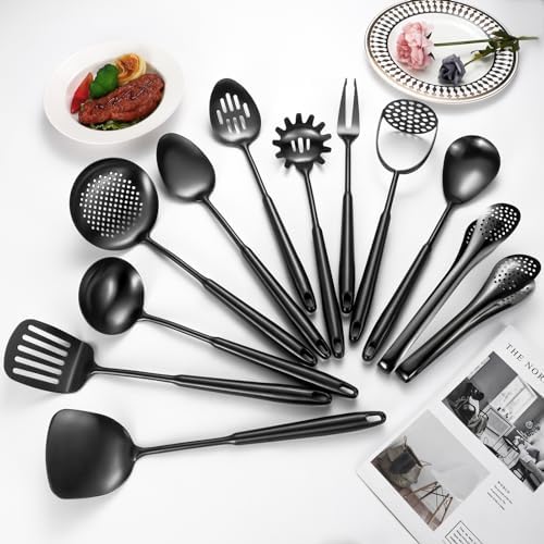 304 Stainlss Steel Matte Kitchen Utensils Set, 12 Pcs Long Metal Cooking Utensil Gadgets Tools Set with Spatula, Ladle, Spoon, Ladle, Skimmer, Tunner, Pasta Server, Tongs(Black, Dishwasher Safe)