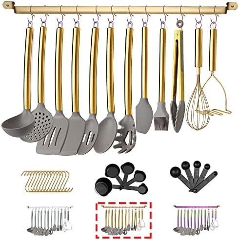 38 Piece Silicone kitchen Cooking Utensils Set with Utensil Rack, Silicone Head and Stainless Steel Handle Cookware, Kitchen Tools for Utensil Sets, Non-Stick kitchen Gadgets, Dishwasher Safe (Gold)
