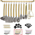 38 Piece Silicone kitchen Cooking Utensils Set with Utensil Rack, Silicone Head and Stainless Steel Handle Cookware, Kitchen Tools for Utensil Sets, Non-Stick kitchen Gadgets, Dishwasher Safe (Gold)