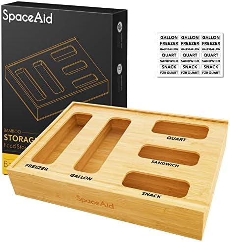 SpaceAid Bag Storage Organizer for Kitchen Drawer, Bamboo Organizer, Compatible with Gallon, Quart, Sandwich and Snack Variety Size Bag (1 Box 5 Slots)