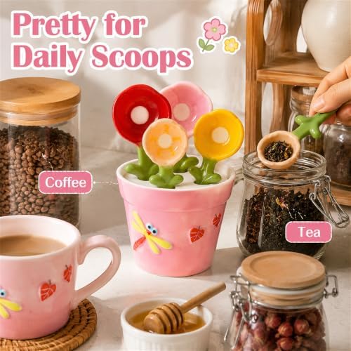 Cute Flower Ceramic Measuring Spoons Set with Base, Kitchen Decorate Gifts