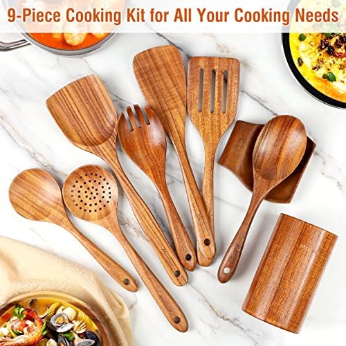 Mooues Wooden Kitchen Utensil Set, 9 Piece Natural Teak with Spoon Rest