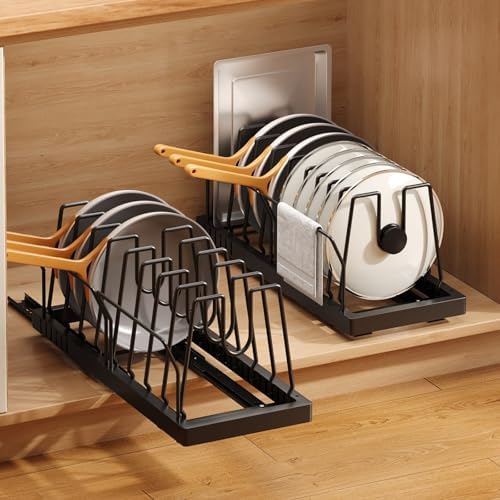 Mustorn 2 Pack Pots and Pans Organizer Under Cabinet, 21.6" Deep Pull Out Pot Lid Organizer Holder with Guardrail Adhesive Pot and Pan Holder Rack with 10 Adjustable Dividers(Black)