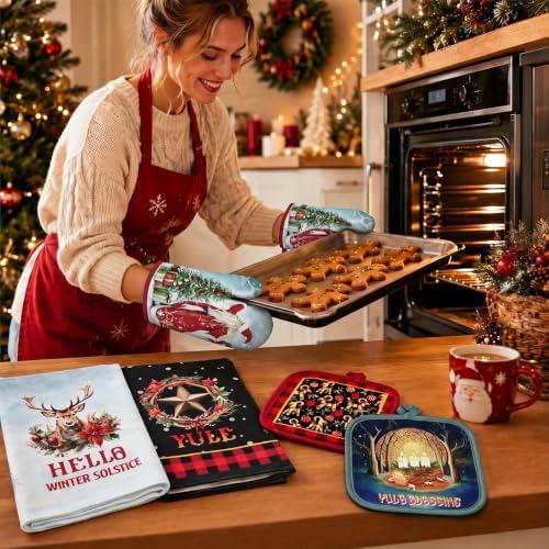 FoldTier 6 Pcs Yule Kitchen Decor Set Christmas Towel Pot Holder Oven Mitts