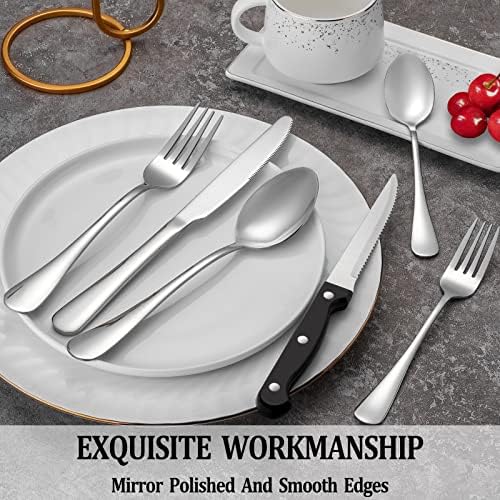 24 Pcs Silverware Set with Steak Knives for 4, Stainless Steel Flatware Set, Mirror Polished Cutlery Utensil Sets, Home Kitchen Eating Tableware, Dishwasher Safe