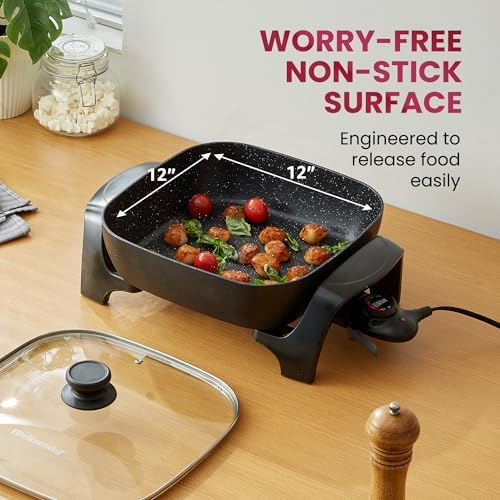 Elite Gourmet 7.5Qt Nonstick Electric Skillet, 12"x12", Extra-Deep 3.2"