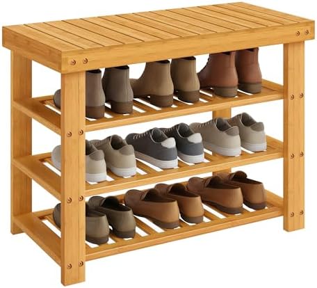 SONGMICS Shoe Rack Bench, 4 Tier Bamboo, 11.3 x 27.6 x 20.5 Inches