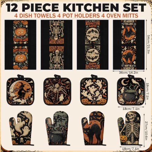 Teenyyou 12PCS Vintage Halloween Kitchen Decor, Towels Oven Mitt Pot Holder