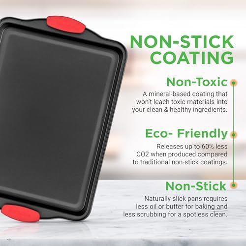 NutriChef Nonstick Cookie Sheets – Carbon Steel Baking Sheet Set with Non Stick Coating & Red Silicone Handles – Oven Pans for Family Baking 3-Piece Set (Pack of 10)
