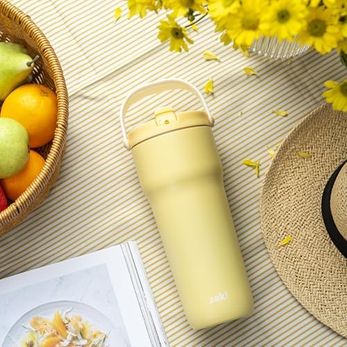 Zak Designs Sutton Travel Tumbler for On the Go, 30oz Stainless Steel with Vacuum Insulation, Straw Spout, Carry Handle for Cold Drinks (Vanilla Yellow)