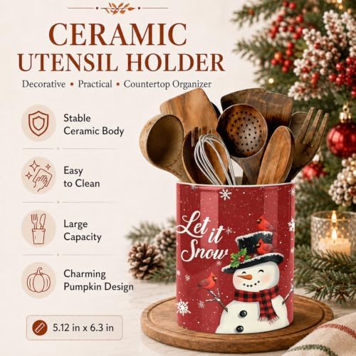 Christmas Snowman Kitchen Utensil Holder, Let It Snow Large Ceramic Utensil Holder For Countertop Organizer, 6.3'' Winter Cooking Utensil Crocks Festivel Decor Utensil Storage Cup for Kitchen