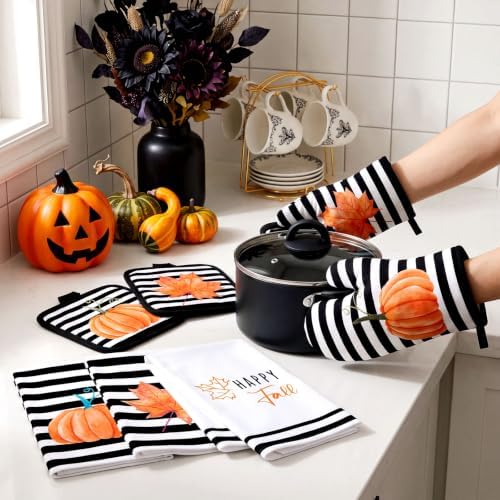Fanfanwin 10 Pcs Fall Pumpkin Kitchen Decor Set Kitchen Towels Pot Holders Oven Mitts and Rugs Set Thanksgiving Towels for Baking Cooking BBQ Autumn Home(Stripe Pumpkins,Black, White, Orange,10)