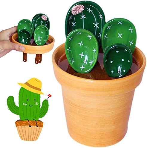 Cactus Measuring Spoons Set in Pot, Cute Ceramic Measuring Cups