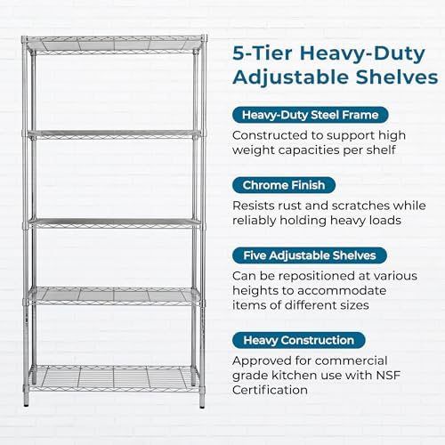 Honey-Can-Do 5-Tier Heavy Duty Adjustable Shelving Unit, 350-lb Per Shelf Metal Storage Rack, Chrome Wire Shelf for Garage Kitchen Basement Pantry, 36 x 16 x 72 in