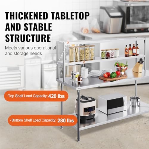 VEVOR Double Tier Stainless Steel Overshelf, 12 x 72 Inch Double Deck Height Adjustable Prep Work Table for Kitchen, Restaurant and Workshop