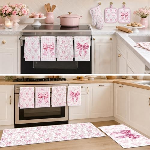 Pink Bows Kitchen Decor Set, 10 Pcs Coquettte Bow Home Accessories with Kitchen Rugs, Towels, Pot Holders Resistant Glove and Oven Mitt for Cooking Baking House Supply Gifts