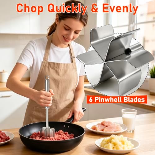 TRELC 304 Stainless Steel Meat Masher, 6 Blade Ground Beef Chopper Tool