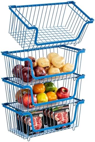4 Pcs Stackable Wire Baskets for Pantry Organizers and Storage,blue,