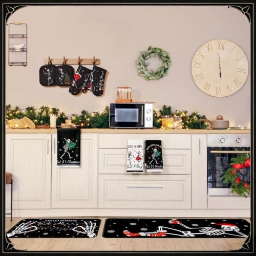 Fanfanwin 10 Pcs Christmas Skeleton Kitchen Decor and Accessories Set Kitchen Towels Pot Holders Oven Mitts Rugs and Tape for Baking Cooking BBQ Festive Housewarming Gifts